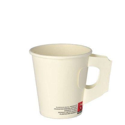 Um copo descartável branco (0,18 l, Ø 7,3 cm x 7,8 cm) de papel Starpak com alça retangular na lateral e pequeno texto preto e vermelho na base; o conjunto contém 25 copos. O fundo é branco.