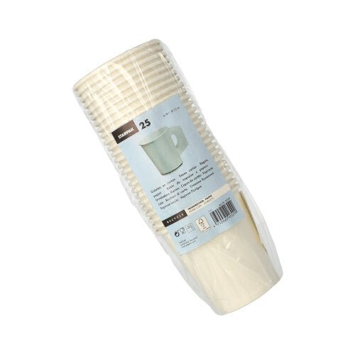 Uma pilha de 25 copos descartáveis de papel Starpak brancos (cada um com 0,18 l, Ø 7,3 cm, 7,8 cm de altura) com alças, embrulhada em filme transparente, rotulada com o logotipo Starpak e detalhes do produto.