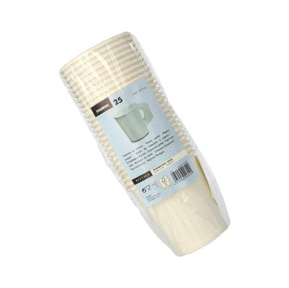 Uma pilha de 25 copos descartáveis de papel Starpak brancos (cada um com 0,18 l, Ø 7,3 cm, 7,8 cm de altura) com alças, embrulhada em filme transparente, rotulada com o logotipo Starpak e detalhes do produto.