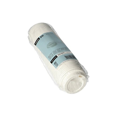 É ilustrada uma embalagem plástica com 50 tampas brancas Starpak 50 Dom-Deckel PS "To Go" (redonda, Ø6 cm, 2 cm) com etiqueta azul Starpak sobre fundo branco – ideal para embalagens para levar.