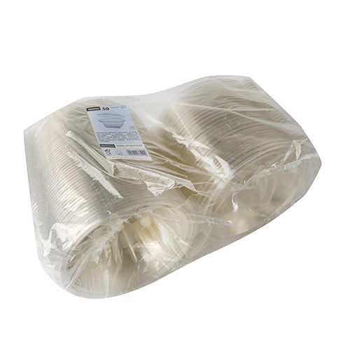 Um saco transparente de R-PET contém uma pilha de tigelas de delicatessen e saladas Starpak 50 com tampa dobrável, claro e redondo. A etiqueta retangular do produto está anexada à embalagem. Marca: Starpak.