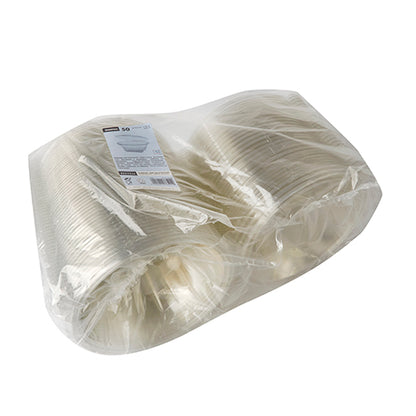 Um saco transparente de R-PET contém uma pilha de tigelas de delicatessen e saladas Starpak 50 com tampa dobrável, claro e redondo. A etiqueta retangular do produto está anexada à embalagem. Marca: Starpak.