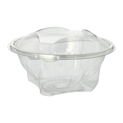 As tigelas de delicatessen e saladas Starpak 50 com tampa dobrável são recipientes transparentes e redondos de R-PET, ideais para saladas ou para levar. Elas são mostradas vazias sobre um fundo branco simples. Marca: Starpak.