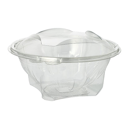 As tigelas de delicatessen e saladas Starpak 50 com tampa dobrável são recipientes transparentes e redondos de R-PET, ideais para saladas ou para levar. Elas são mostradas vazias sobre um fundo branco simples. Marca: Starpak.