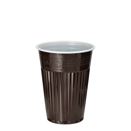 O copo automático térmico Starpak 100 (PS, 0,18 l, Ø 7,03 cm, 9 cm) em Castanho/Branco com exterior canelado e interior liso fica em pé – ideal para manter as bebidas quentes em movimento. Fornecido em pacote de 100.