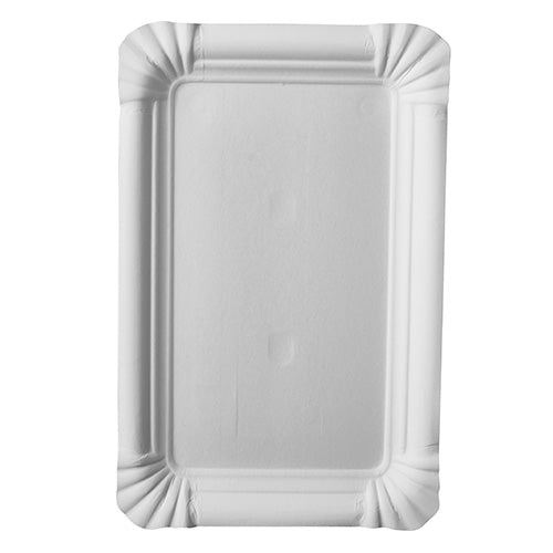 O Starpak 20 pratos, papelão retangular 13 cm x 20 cm branco (20 peças), consiste em pratos retangulares brancos com bordas elevadas e cantos ondulados – ideal para festas ecológicas. Fotografado de cima em um fundo simples.