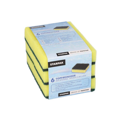 Um pacote com 6 esponjas de limpeza Starpak retangulares (2,6x9x6,6 cm), amarelo/verde, abrasivas, empilhadas e embaladas em uma faixa azul e branca com detalhes do produto.