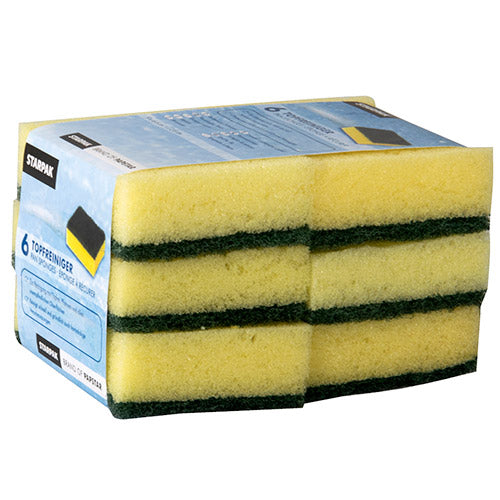 Um pacote com seis esponjas de limpeza de cozinha Starpak retangulares (2,6 x 9 x 6,6 cm) em Amarelo/Verde com superfície resistente a riscos e embalagem com faixa; a forma retangular oferece uma pegada confortável ao esfregar.