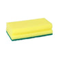 O Starpak 3 Esfregão de Limpeza Jumbo é uma esponja de cozinha retangular amarela e verde (4,1 x 14,8 x 8,5 cm) com ranhura de aderência e superfície de esfregar para limpeza eficaz; ilustrado sobre fundo branco simples. Conjunto de 3 com faixa.