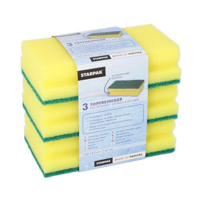 Um pacote com 3 esponjas retangulares amarelas/verdes Starpak Jumbo com ranhura de aderência e superfície resistente a riscos (4,1 x 14,8 x 8,5 cm), numa faixa, ideal para a limpeza eficaz de panelas e frigideiras.
