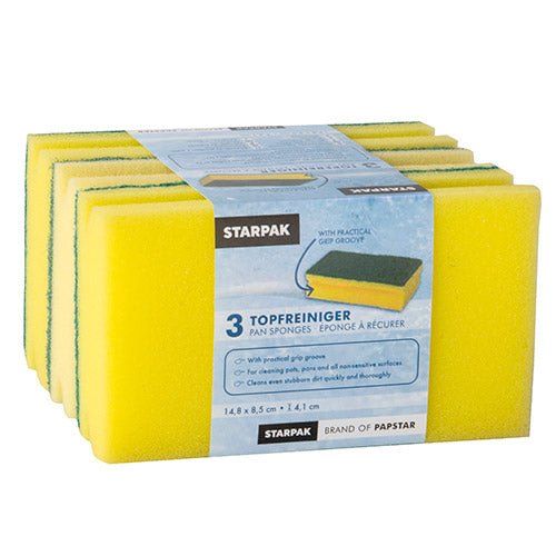Um pacote com três esponjas retangulares Jumbo (4,1 x 14,8 x 8,5 cm, amarelo/verde, com ranhura de aderência, lado de esfregar) da Starpak Esfregão de Limpeza, rotulado em várias línguas para uma limpeza eficaz.