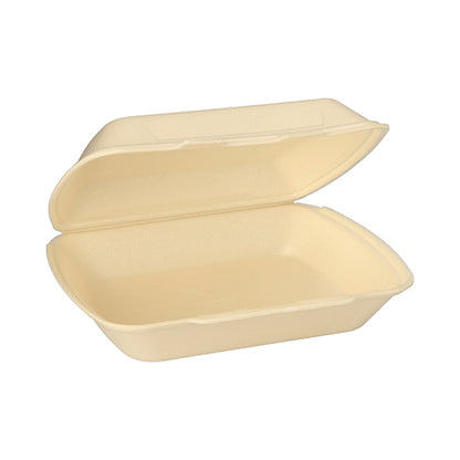 Uma caixa de menu Starpak XPS para levar (7,5 cm x 24,3 cm x 20,8 cm) do conjunto "Starpak 100 caixas de menu com tampa articulada" está aberta e vazia sobre um fundo branco, mostrando seu design retangular bege.