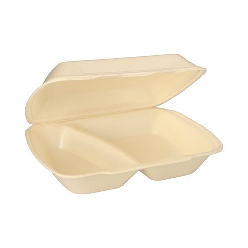 Uma caixa de menu Starpak com tampa dobrável, XPS, 2 compartimentos (7,5 x 24,3 x 20,8 cm) está aberta e vazia sobre um fundo branco.