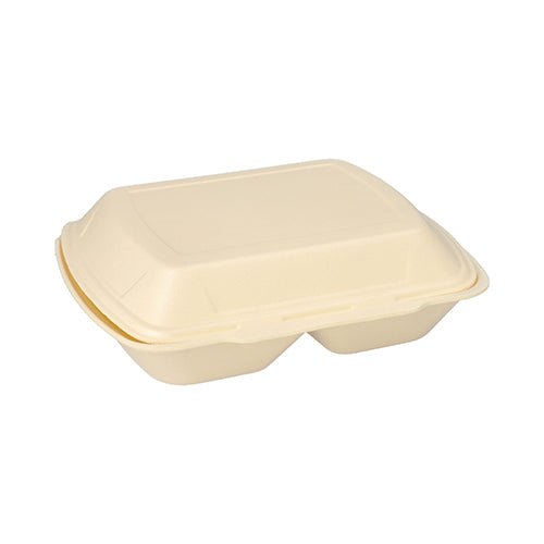 Uma caixa de menu Starpak 100 fechada com tampa dobrável, XPS 2 compartimentos (7,5 x 24,3 x 20,8 cm), ideal para vendas para fora, está sobre um fundo branco.