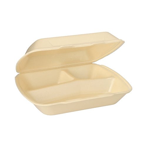 Uma caixa de menu Starpak bege, retangular, com tampa dobrável (XPS, 3 divisões, 7,5 x 24,3 x 20,8 cm) está aberta e vazia, mostrando três compartimentos no interior.