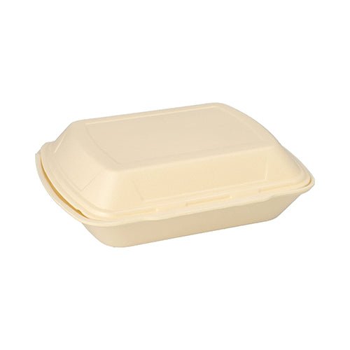 Uma caixa de menu Starpak fechada, bege, com tampa dobrável em XPS, 3 divisões (7,5 x 24,3 x 20,8 cm), para o setor de restauração, é vista sobre um fundo branco.