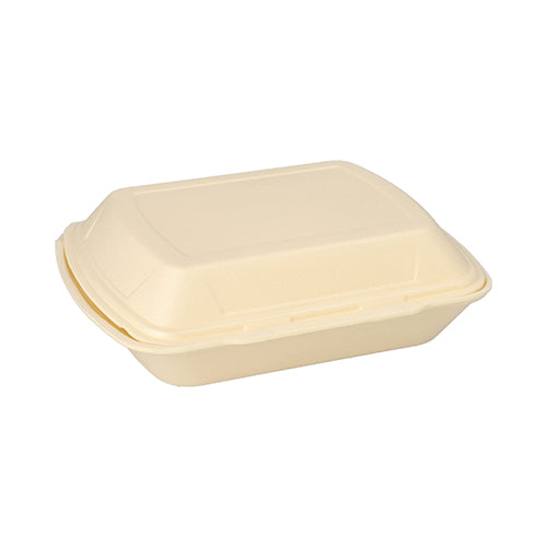 Eine geschlossene, beige Starpak Menübox mit Klappdeckel aus XPS, 3-geteilt (7,5 x 24,3 x 20,8 cm), für die Gastronomie, ist vor weißem Hintergrund zu sehen.