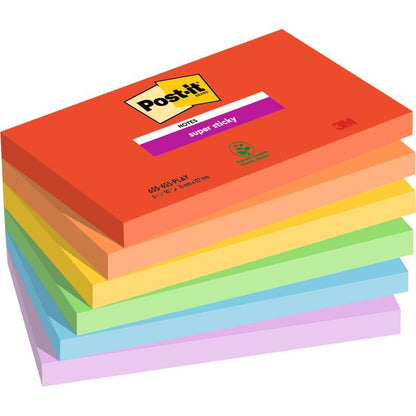 Um conjunto de Post-it® Super Sticky Notes da 3M Deutschland GmbH, 76 x 127 mm, 90 folhas por bloco, 100% certificado PEFC, em várias cores, com o logotipo na folha superior.