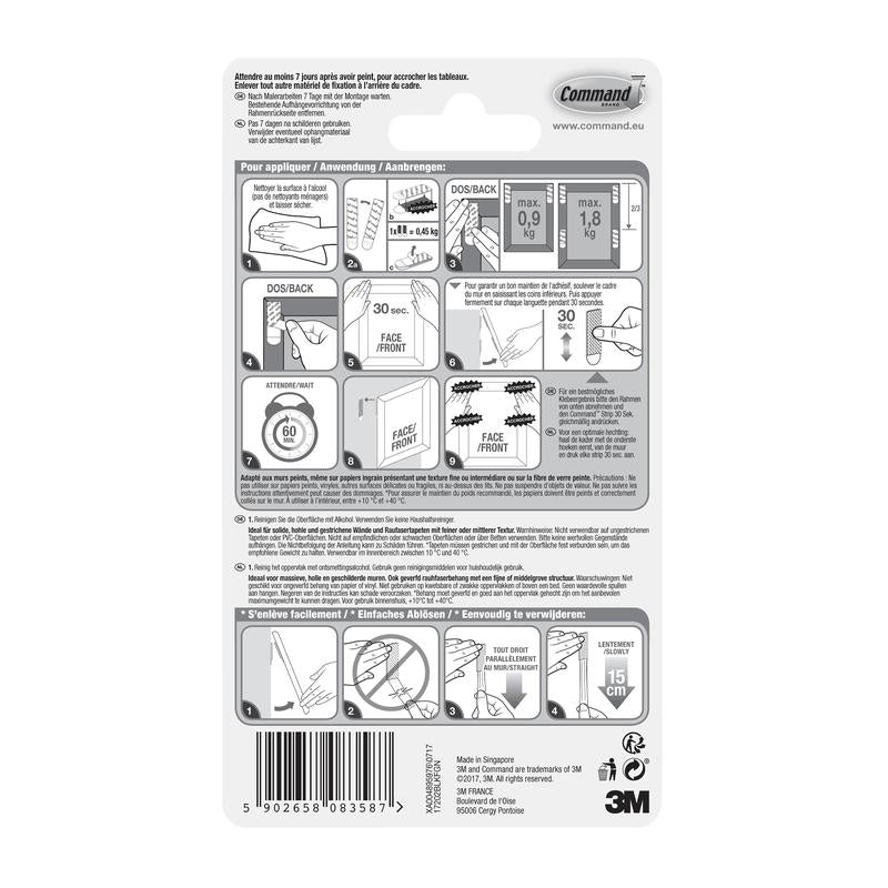Na parte de trás das tiras de montagem de quadros Command™ S, pequena, preta, 17202BLK da 3M Deutschland GmbH, encontra-se um guia ilustrado passo a passo para aplicação e remoção, limites de peso e informações do produto em várias línguas para pendurar quadros facilmente sem pregos.