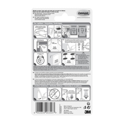 Na parte de trás das tiras de montagem de quadros Command™ S, pequena, preta, 17202BLK da 3M Deutschland GmbH, encontra-se um guia ilustrado passo a passo para aplicação e remoção, limites de peso e informações do produto em várias línguas para pendurar quadros facilmente sem pregos.