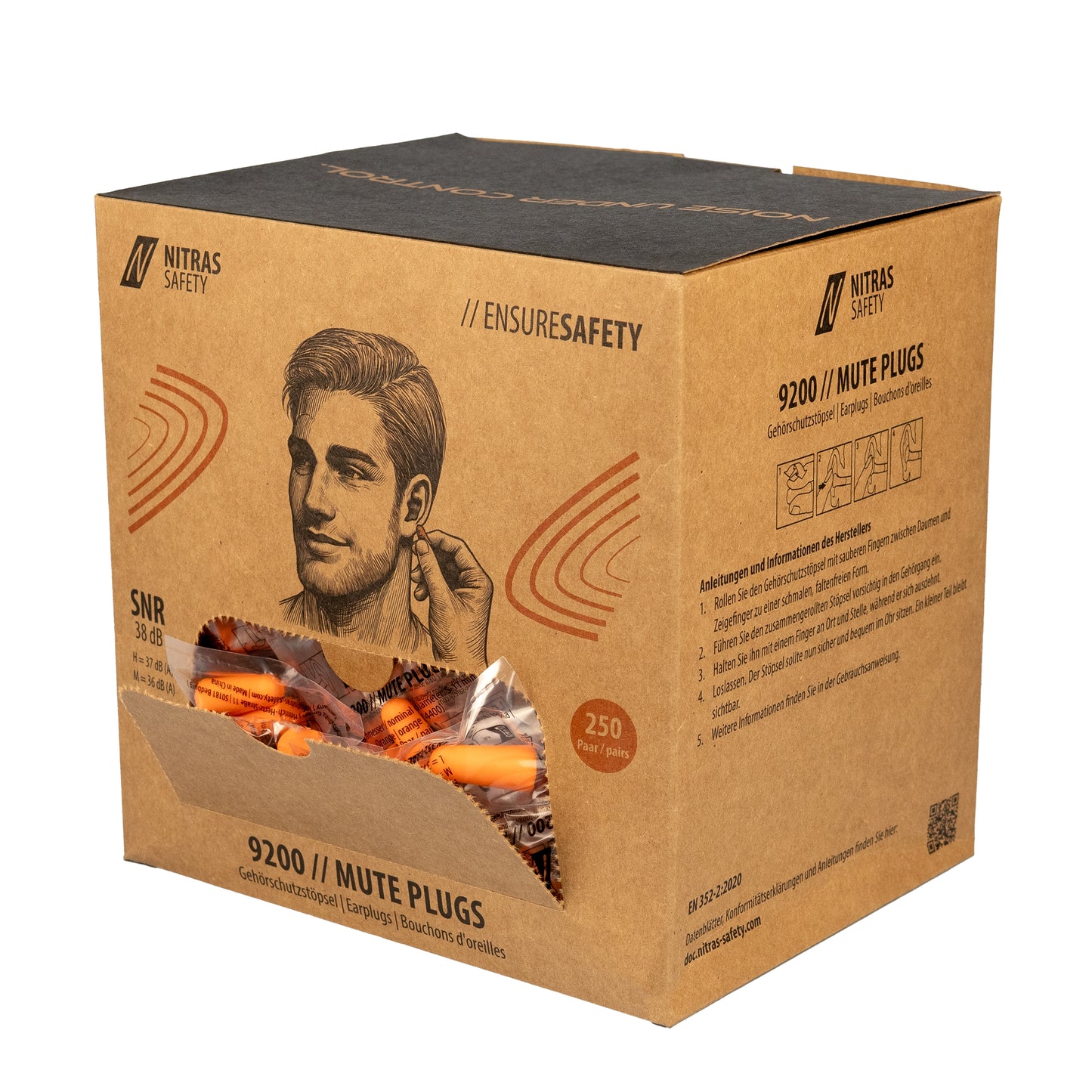 NITRAS MUTE PLUGS, tampões para os ouvidos, laranja, EN 352-2, 250 pares / caixa PU | Pacote (1 peça)