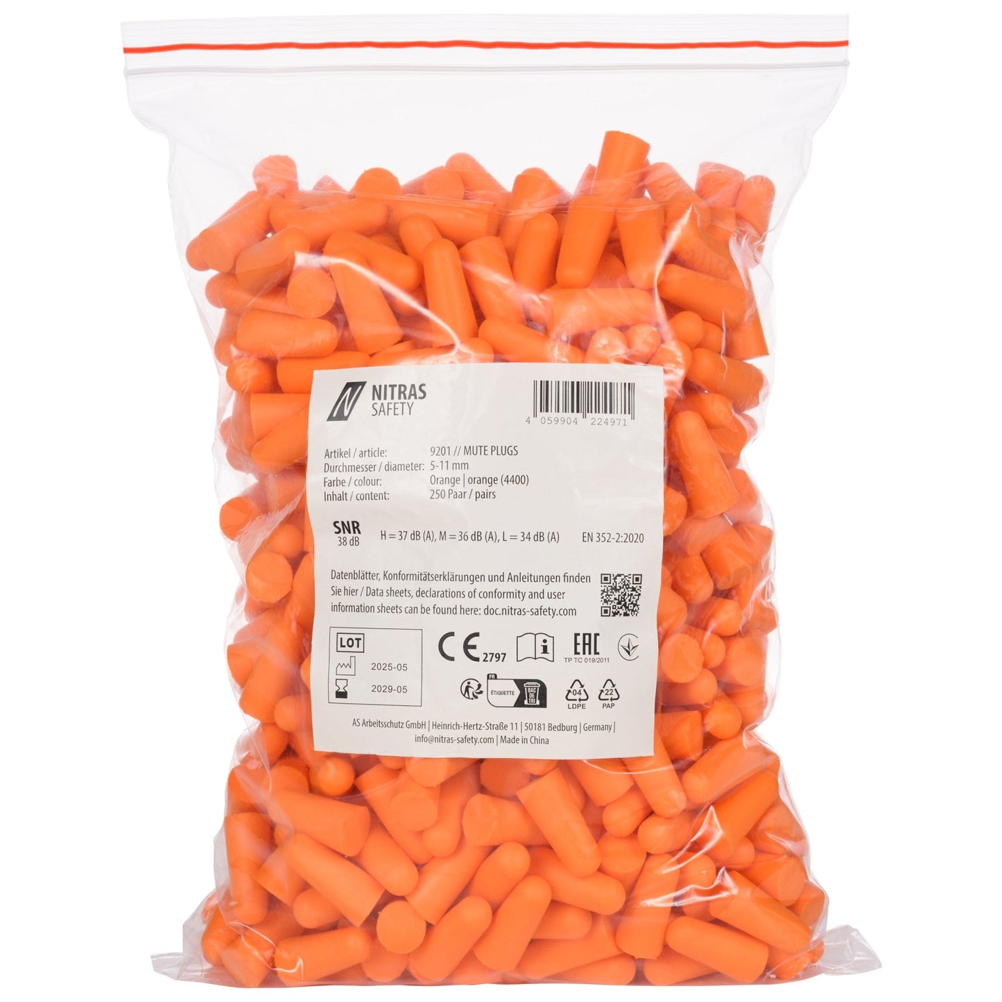NITRAS MUTE PLUGS, tampões para os ouvidos, laranja, EN 352-2, 250 pares / polybag PU | Pacote (1 peça)