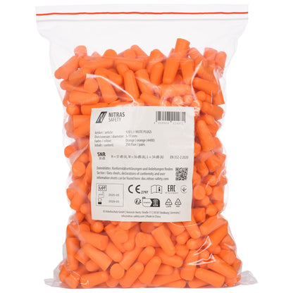 NITRAS MUTE PLUGS, tampões para os ouvidos, laranja, EN 352-2, 250 pares / polybag PU | Pacote (1 peça)