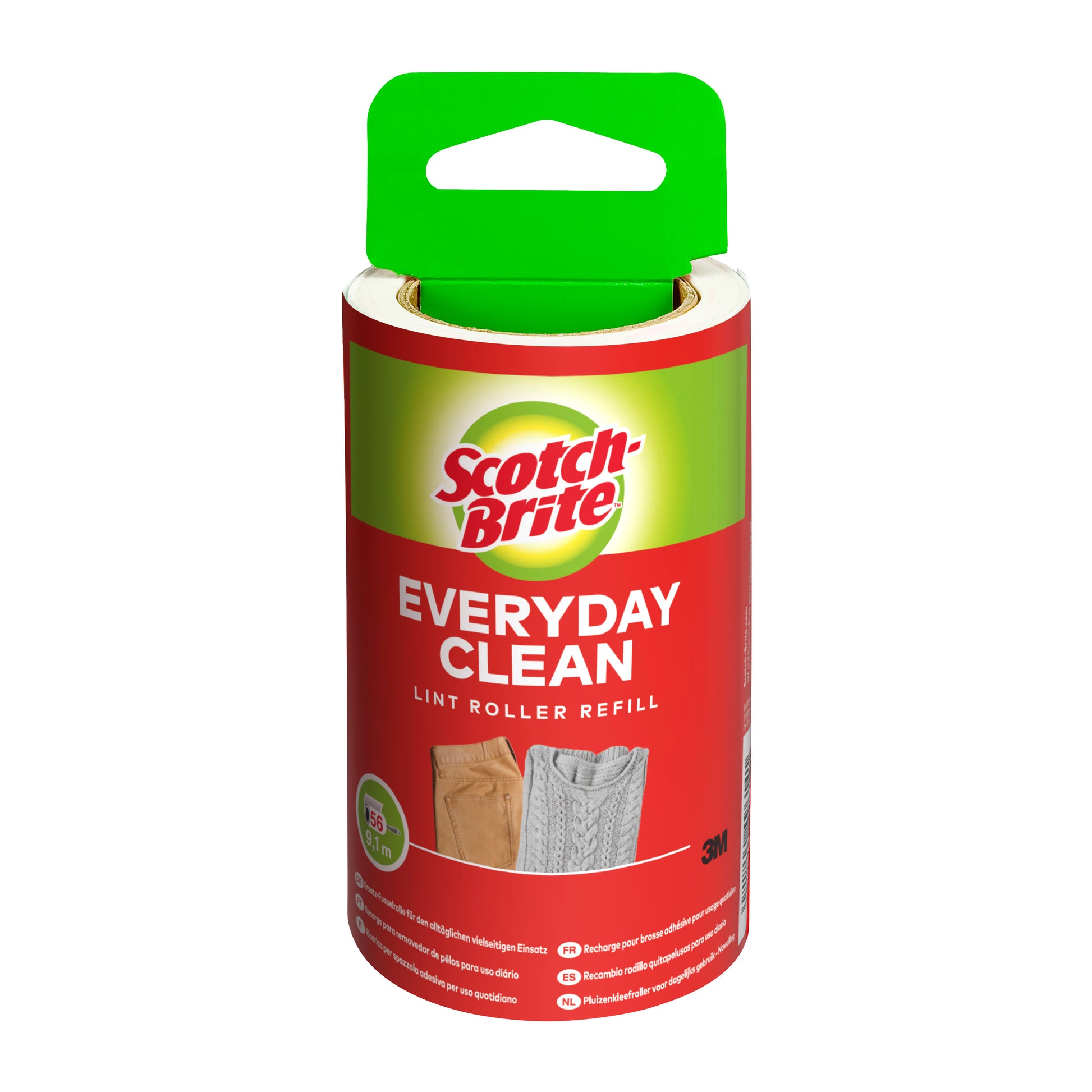 Eine Scotch-Brite™ Everyday Clean Ersatz-Fusselrolle, 56 Blatt (1 Stück, 3M Deutschland GmbH), mit grünem Griff und rotem Etikett, zeigt Bilder von Pullover und Schlauch sowie Produktinfos und das 3M-Logo auf der Verpackung.