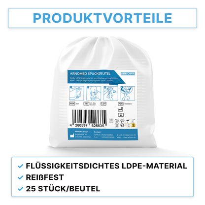 Ein weißer ARNOMED Spuckbeutel mit Verschlussring der ARNOWA GmbH, hygienisch und praktisch, mit Barcode, Produktangaben und Anleitung. Aus flüssigkeitsdichtem LDPE, reißfest; 25 Stück pro Beutel.