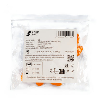 Tampões auditivos NITRAS, laranja, EN 352, saco plástico de 5 pares | Pacote (1 peça)