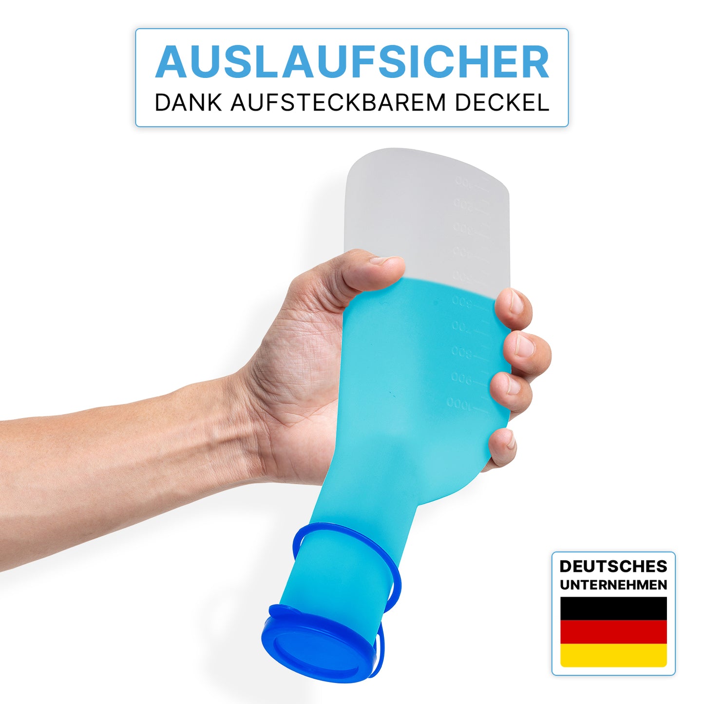 Uma mão segura a garrafa de urina ARNOMED ECO para homens da ARNOWA GmbH com tampa transparente e higiênica; em cima, o texto em alemão destaca o design à prova de vazamento, no canto inferior direito o logotipo da ARNOWA com a bandeira alemã é visível.