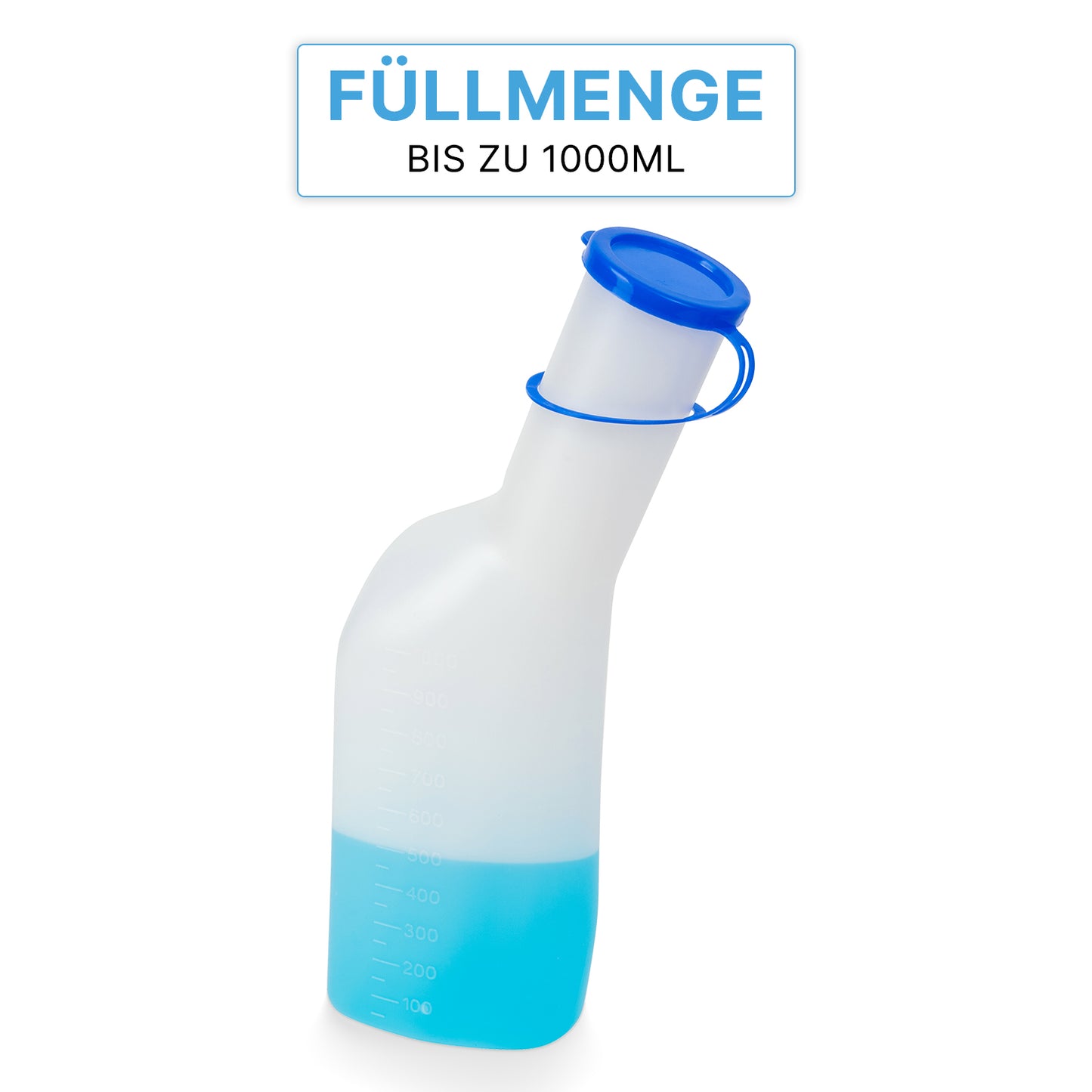 A garrafa de urina ARNOMED ECO para homens (da ARNOWA GmbH) é um urinol masculino higiênico e prático com tampa azul, design translúcido, marcada com "Capacidade até 1000ml", ideal para necessidades de cuidado.