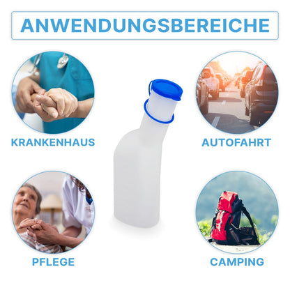 A garrafa de urina ARNOMED ECO para homens da ARNOWA GmbH feita de plástico branco com tampa azul está centralmente ilustrada, cercada por símbolos de hospital, viagem de carro, cuidado e camping - destacando assim sua usabilidade higiênica e versátil.