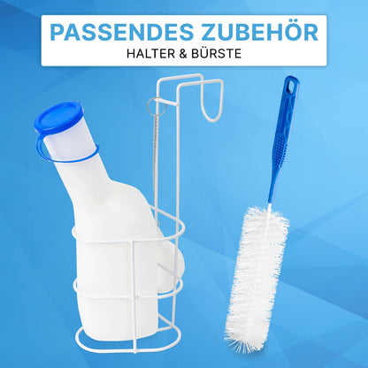 A garrafa de urina ARNOMED ECO para homens da ARNOWA GmbH está com tampa azul no suporte de metal branco ao lado de uma escova com cabo azul em fundo azul. Texto acima: "ACESSÓRIOS COMPATÍVEIS SUPORTE & ESCOVA".