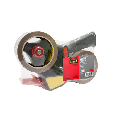 O dispensador 3M com punho de pistola contém um dispensador preto e vermelho com etiqueta cinza, bem como duas rolos de fita adesiva Scotch® multiuso, marrom e silenciosa (50 mm x 66 m) e está na embalagem original.