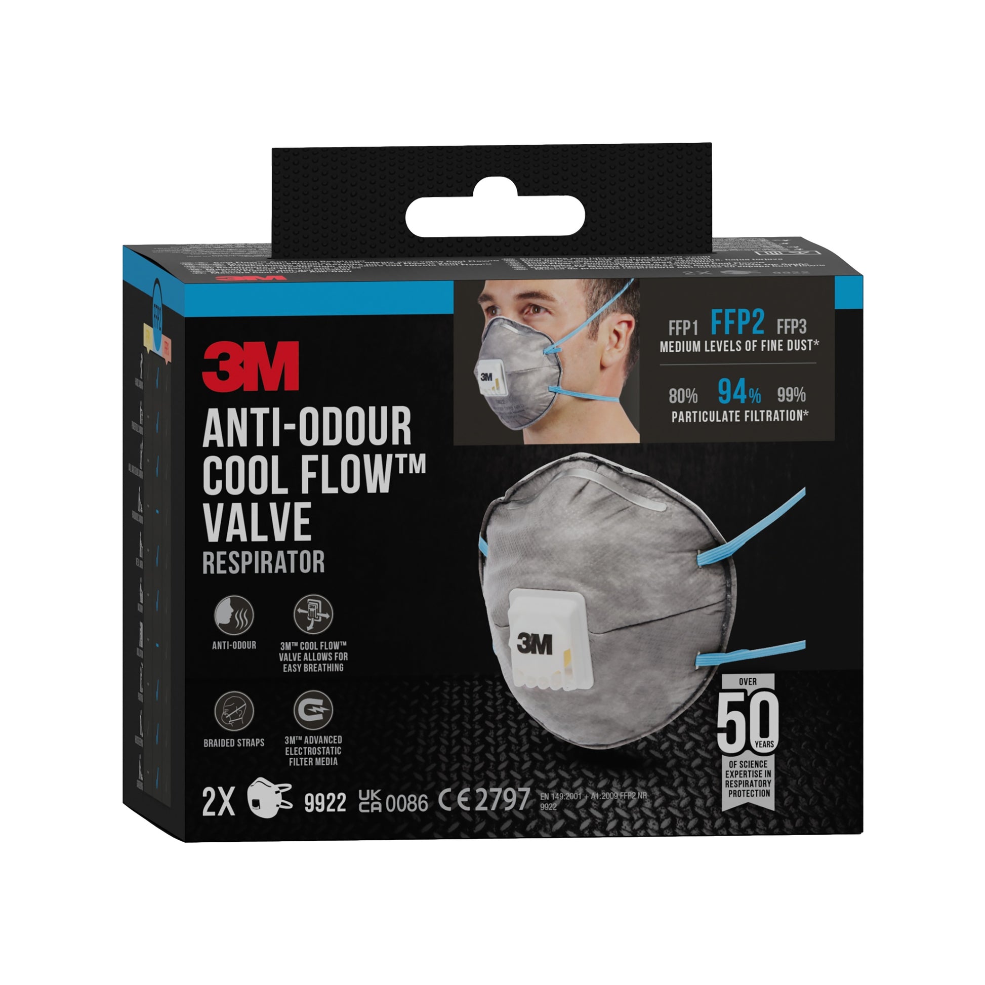 Abgebildet ist eine schwarze Schachtel der 3M™ Cool Flow™ Partikelmaske 9922, FFP2, geruchshemmend mit Ventil von 3M Deutschland GmbH. Die Schachtel zeigt Produktdetails und Filtrationsraten, mit 2 Masken pro Packung.