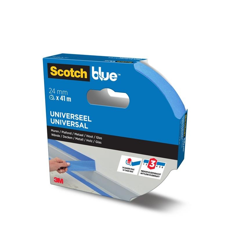 Uma caixa de fita de mascaramento ScotchBlue™ "Multi-Surface" da 3M Deutschland GmbH (24 mm x 41 m) com fita azul parcialmente desenrolada. A embalagem indica a adequação para várias superfícies e remoção limpa de até três dias.