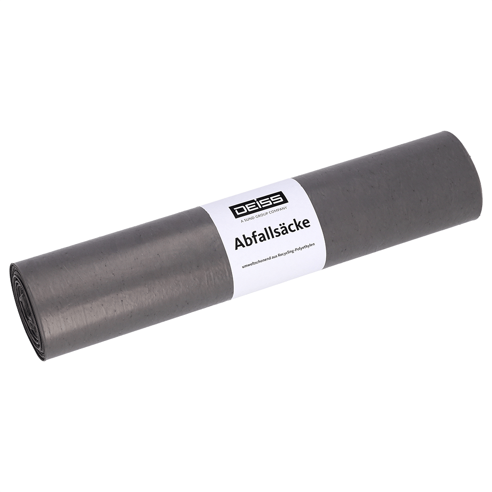 A imagem mostra um rolo de sacos de lixo EMIL DEISS KG (GmbH + Co.) DEISS 94007 cinza (660x800x0,05 mm, 25 peças) com etiqueta branca "DEISS Abfallsäcke" em fundo branco sólido.