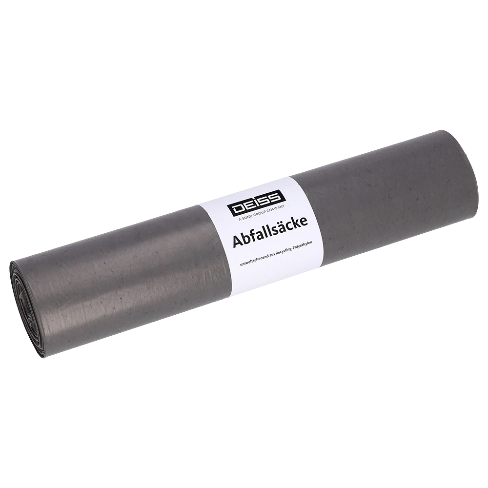 Abgebildet ist eine Rolle EMIL DEISS KG (GmbH + Co.) DEISS 94007 grau Müllsäcke (660x800x0,05 mm, 25 Stück) mit weißem "DEISS Abfallsäcke"-Etikett auf einfarbig weißem Hintergrund.