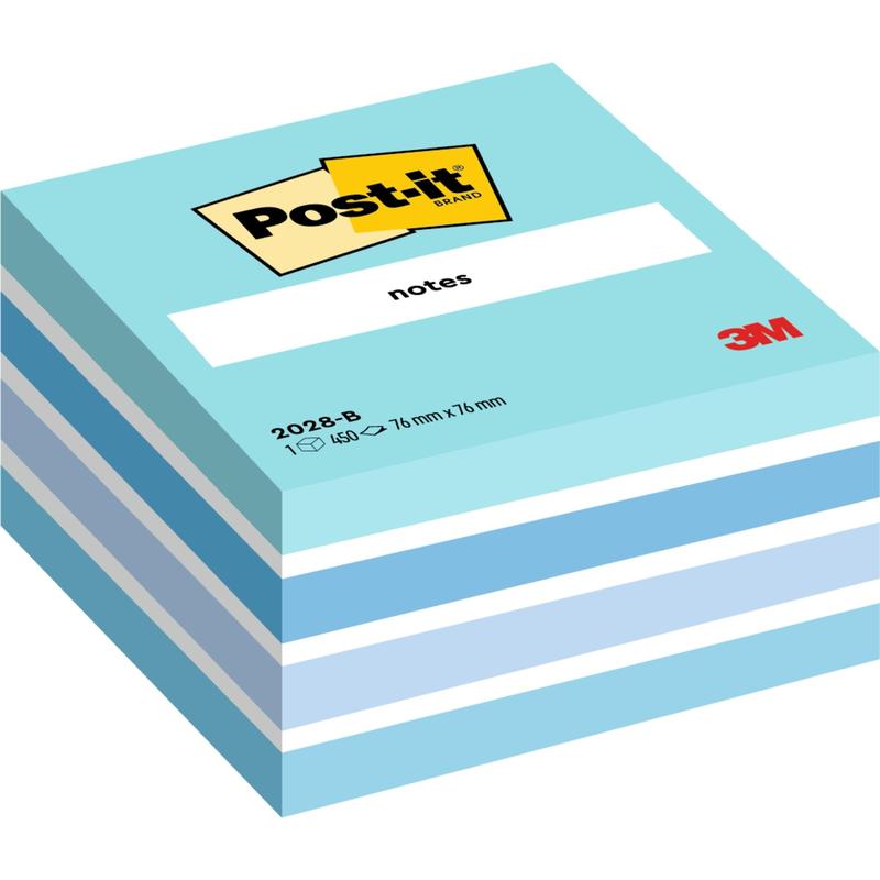 Uma pilha de blocos de notas Post-it® (76 mm x 76 mm, 450 folhas/bloco, 100% PEFC) da 3M Deutschland GmbH mostra folhas alternadas em branco e azul com o logotipo Post-it e "notes" na parte superior.