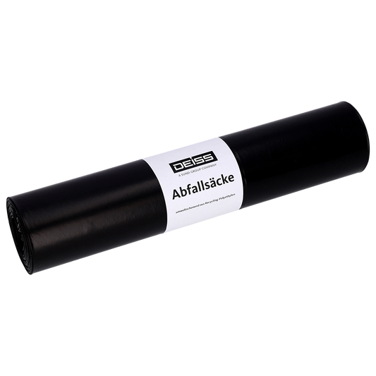 Abgebildet ist eine Rolle DEISS 95036 schwarzer Müllbeutel (500+400x1100 mm, Typ 60, 25 Beutel/Rolle) der EMIL DEISS KG (GmbH + Co.) mit weißem Etikett vor hellem Hintergrund.