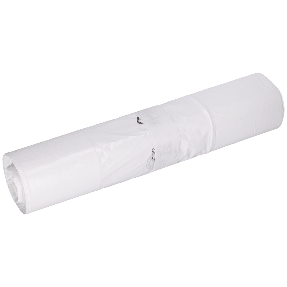 Um saco de lixo enrolado EMIL DEISS KG (DEISS 96030 - 400+200x700x0,035 mm branco, rolo com 50 unidades) está fixado com fita adesiva transparente e um pequeno porta-chaves de metal sobre um fundo branco simples.