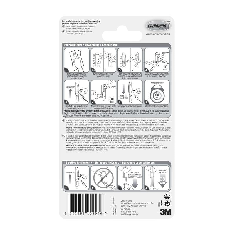 Na parte de trás do Command™ Large Drahthaken, 17069 da 3M Deutschland GmbH, encontra-se um guia ilustrado passo a passo, texto em várias línguas, detalhes do produto, avisos, um código de barras, assim como logos da 3M e Command.