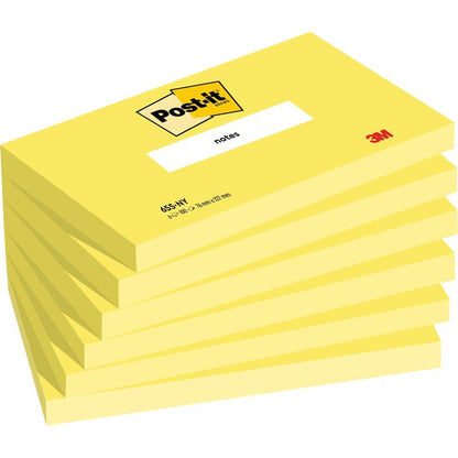 A imagem mostra uma pilha de seis blocos de notas Post-it® amarelos (76 mm x 127 mm, 100 folhas/bloco, 100% PEFC) da 3M Deutschland GmbH com o logotipo Post-it® e uma etiqueta "notes" na parte superior e o logotipo 3M no canto inferior direito.