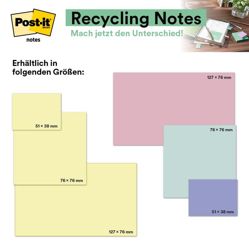 Um gráfico alemão mostra as Post-it® Recycling Notes (38 mm x 51 mm, 100 folhas/bloco, 100% PEFC) em cores pastel e diversos tamanhos com etiquetas em milímetros, além de uma cena de escritório que mostra as notas em uso.