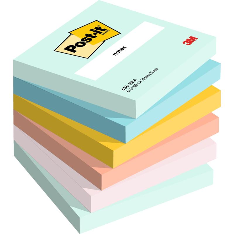 Um conjunto de sete blocos de notas adesivas Post-it® da 3M Deutschland GmbH, 76x76 mm, 100 folhas por bloco, em várias cores pastel, onde o bloco superior exibe o logotipo Post-it e 3M. Feito de papel certificado 100% PEFC.