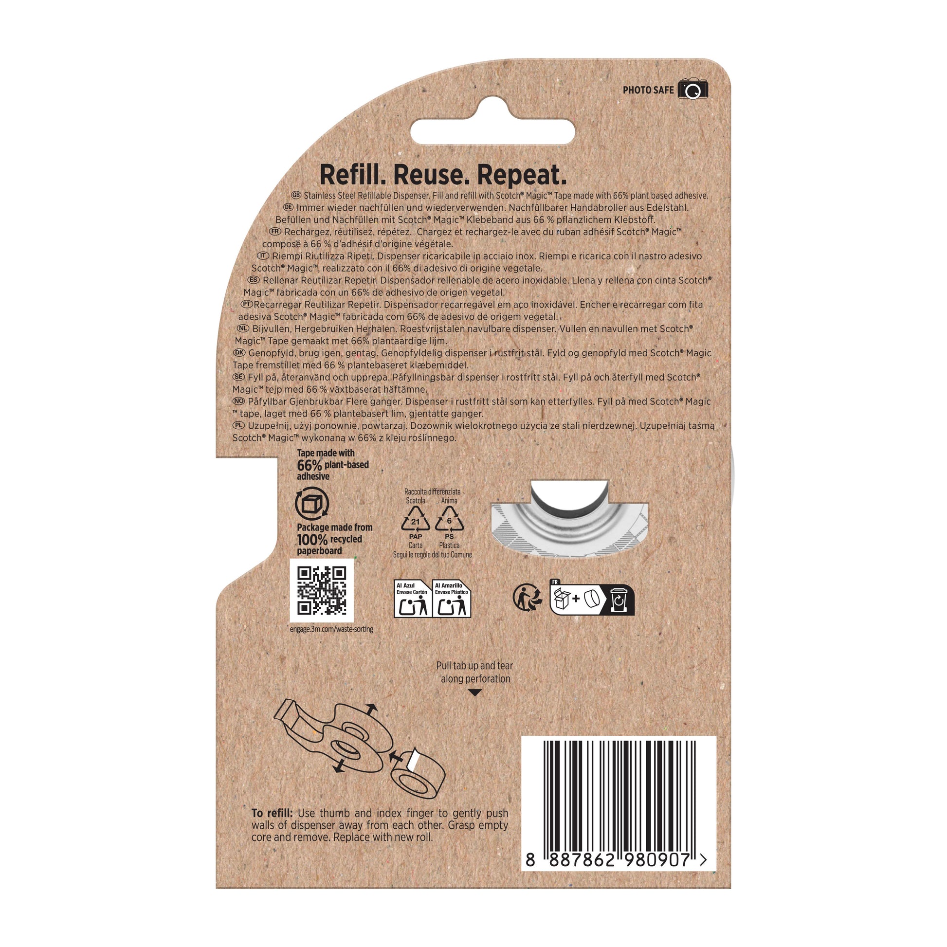 Die Rückseite des Scotch™ Edelstahl-Klebebandabrollers, Silber + Scotch® Magic™ Klebeband (1 Handabroller + 2 Rollen, 19 mm x 13,9 m) Packung von 3M Deutschland GmbH zeigt Anleitungen, Abbildungen, Recycling-Symbole, QR-Code und Barcode.