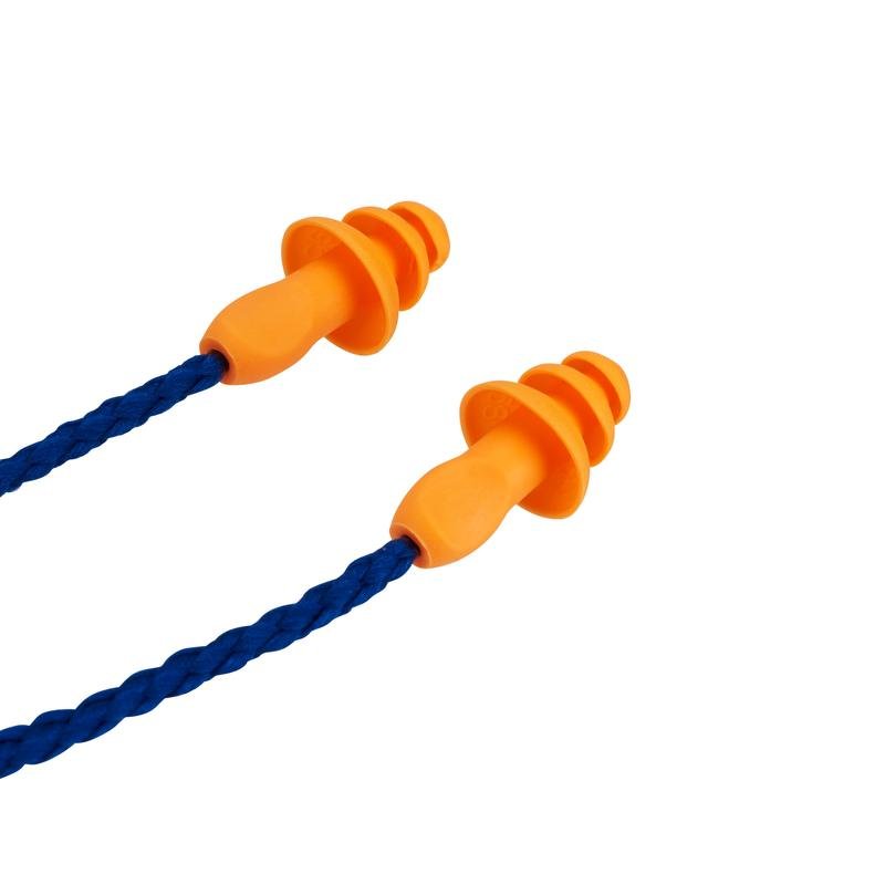A imagem mostra um par de tampões auditivos 3M™ com cordão 1271 em laranja (design de três flanges, reutilizável, SNR 26 dB) da 3M Deutschland GmbH, ligados por um fio azul sobre um fundo branco.