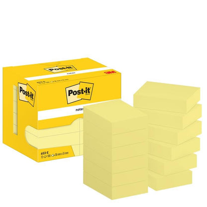 Uma caixa amarela de Post-it® Notes, Amarelo, 38 mm x 51 mm, 100 folhas/bloco, 12 blocos/embalagem da 3M Deutschland GmbH é mostrada ao lado de dez pilhas de notas adesivas amarelas; ambas levam o logotipo Post-it e a marca 3M.