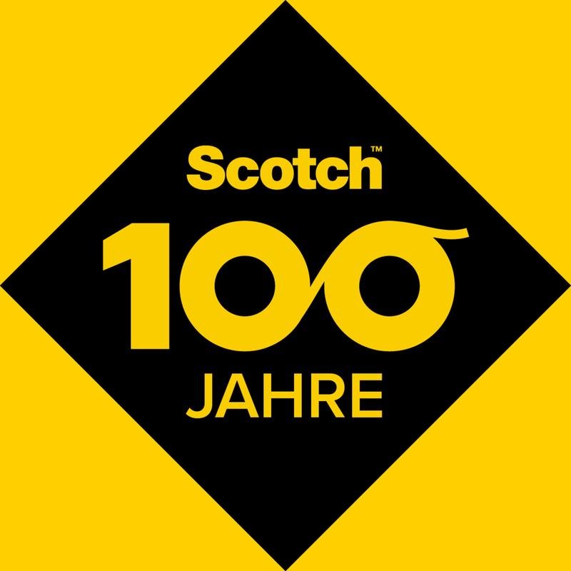 A fita adesiva de embalagem extra forte Scotch® (castanho, 48 mm x 20,3 m) da 3M Deutschland GmbH é marcada com um logotipo "Scotch" em amarelo e preto, um grande "100" interligado e "anos" para 100 anos. A embalagem contém 1 rolo com dispensador manual.